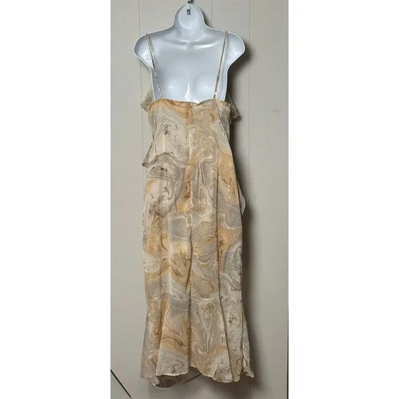 Blu Pepper Women's Marble Print Ruffle Midi Dress Tan Cream V-Neck Size M - Picture 2 of 8